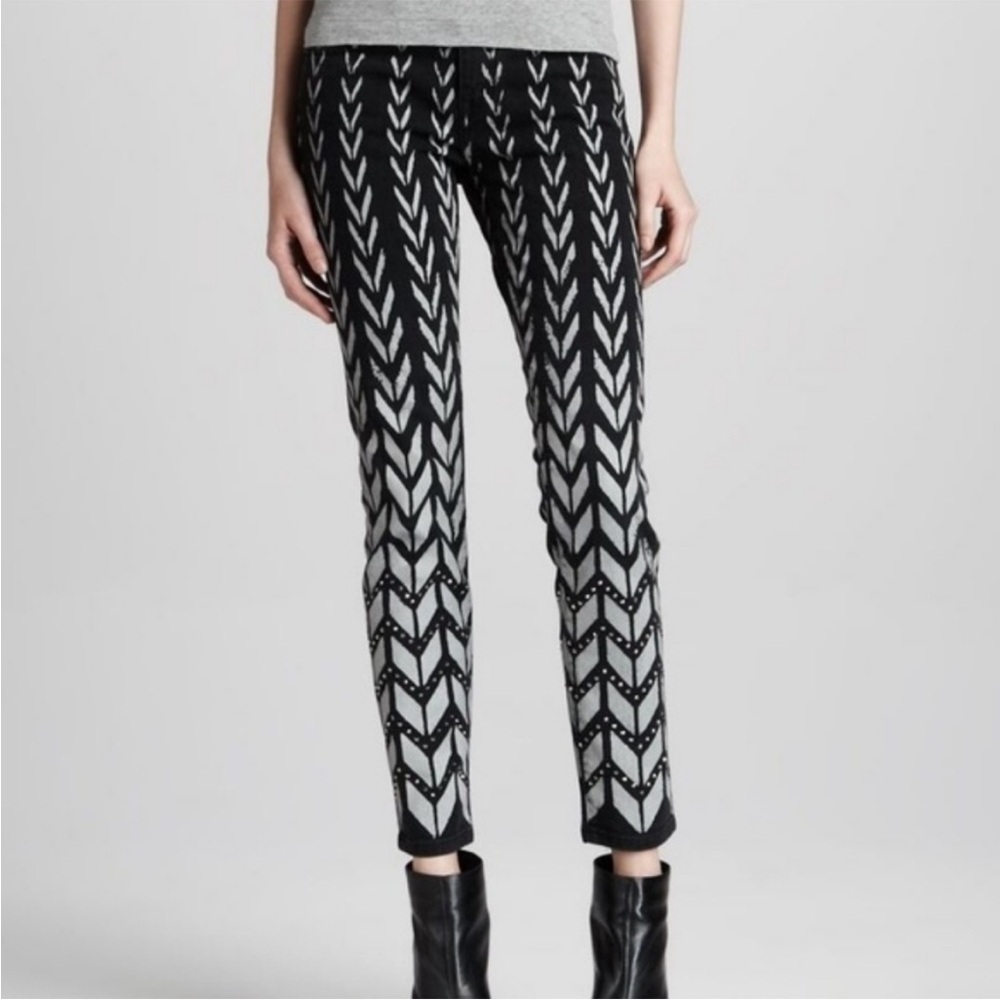 Current/Elliott The Ankle Black/White Chevron Skinny Denim Jeans Rhinestones 25